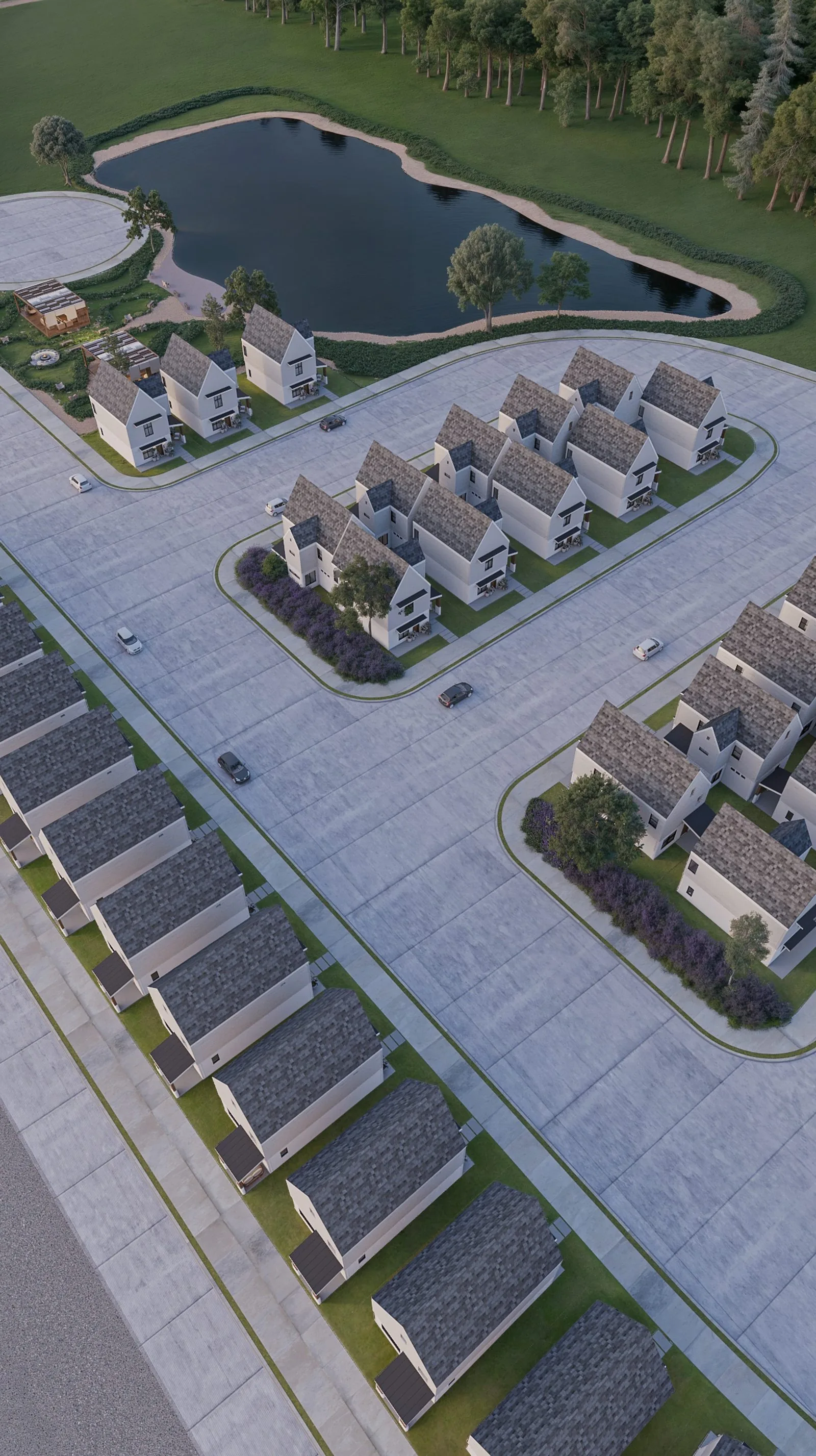 Birds-eye aerial view of Zuri Gardens — 80 homes across five streets, with the future park, pond, and bayou trail