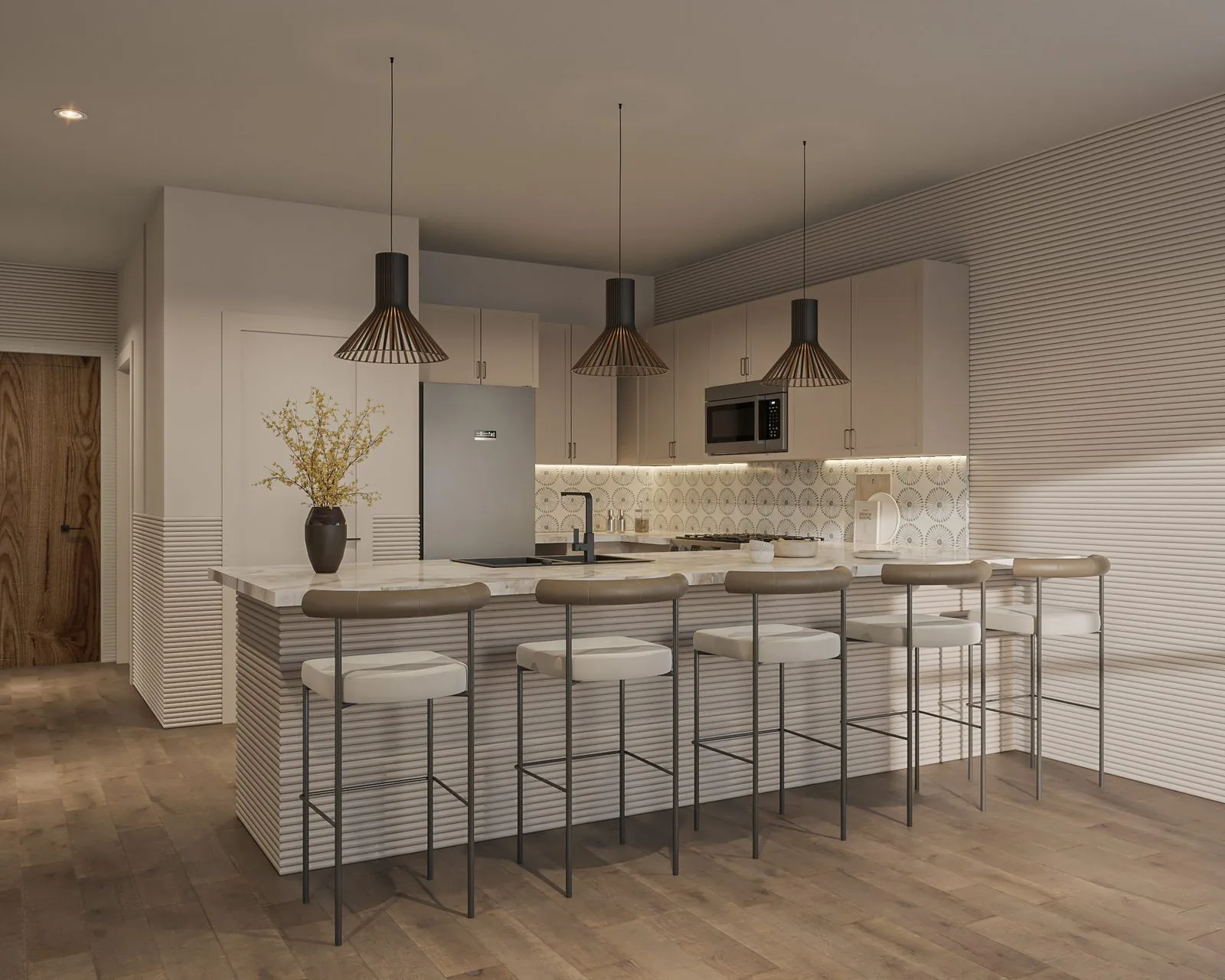 Azizi kitchen rendering — elevated finish package with tile backsplash and pendant lighting