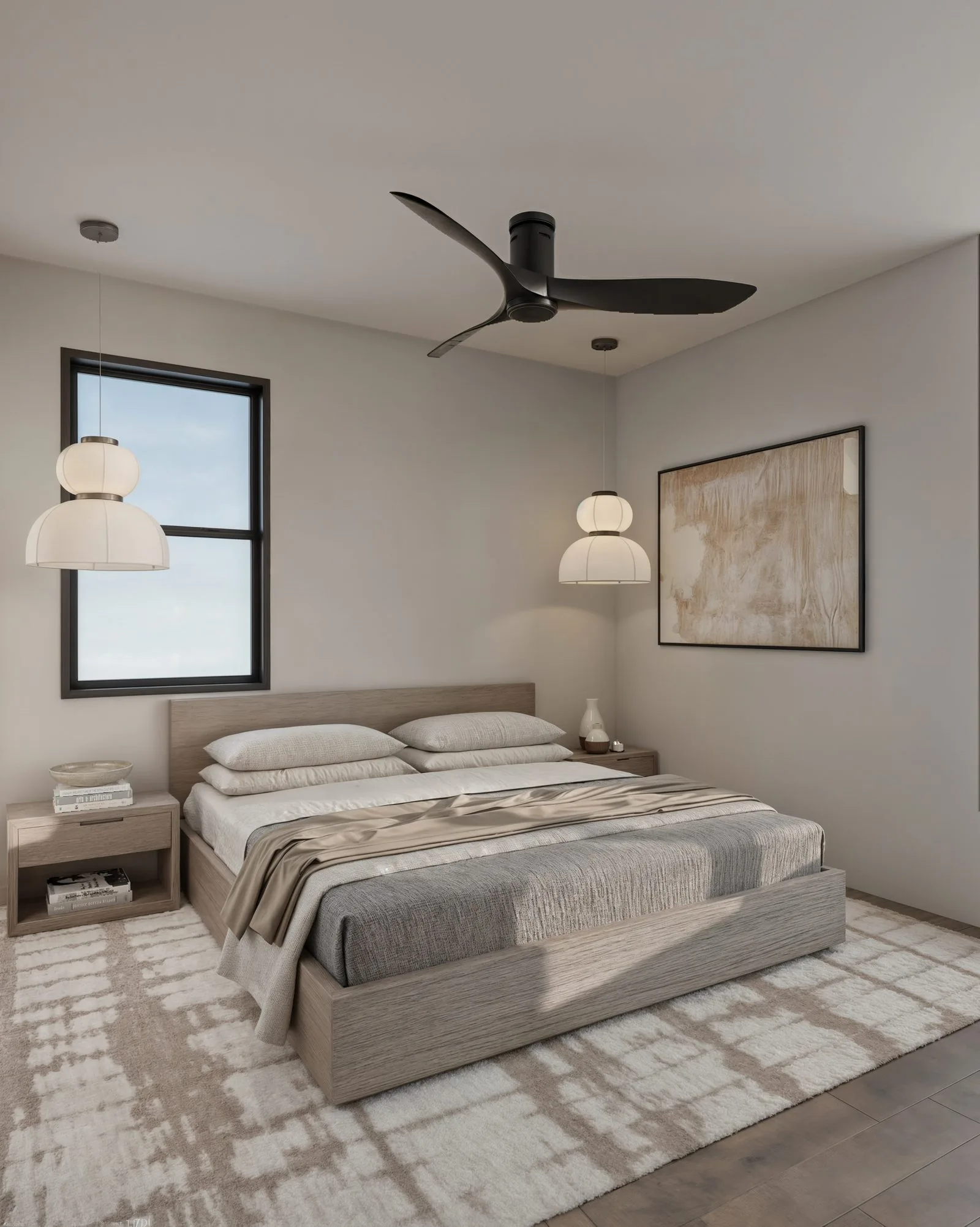 Azizi primary bedroom rendering — second floor, with ceiling fan, twin pendant lights, and abstract art