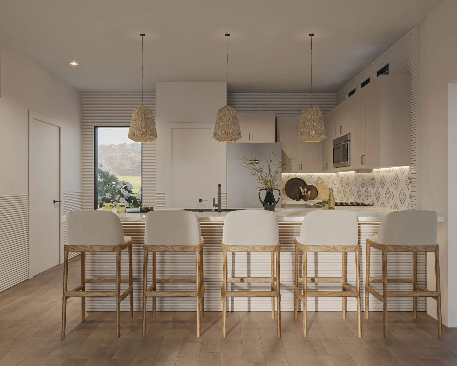 Zahara kitchen rendering — modern minimalist with tile backsplash and waterfall island