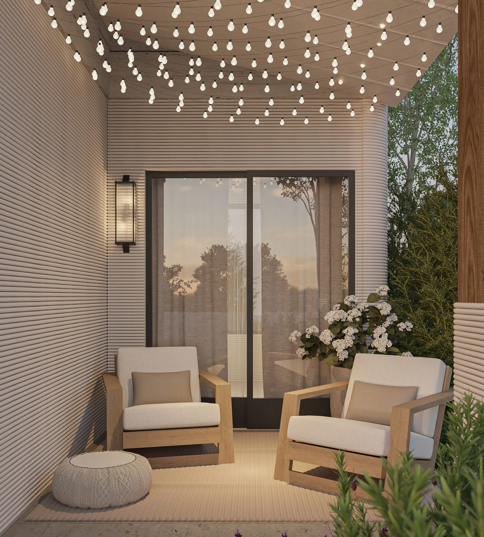 Zahara covered side patio with string lights, teak chairs, and 3D-printed walls