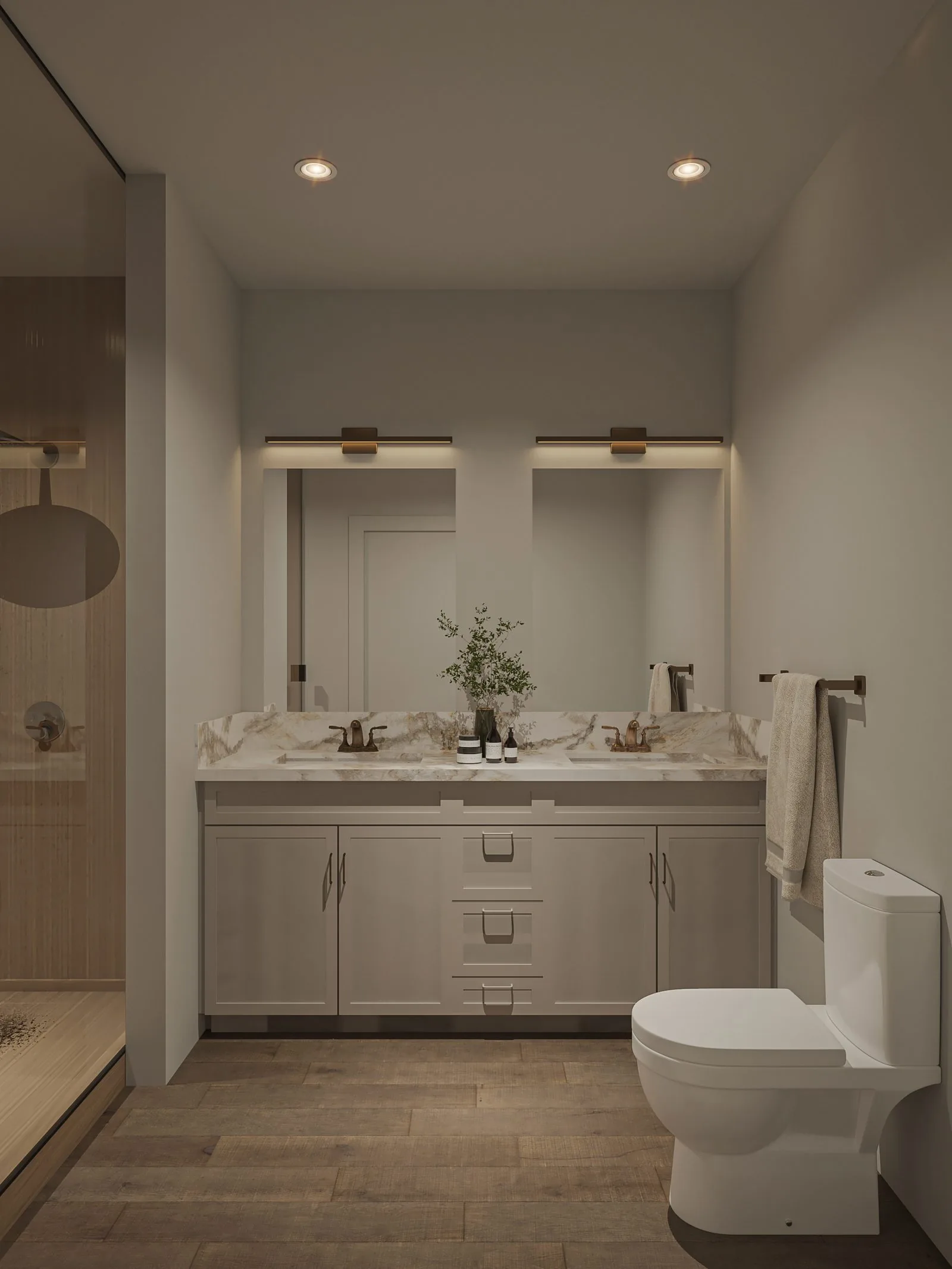 Zahara primary bathroom rendering — double vanity, walk-in shower, second floor