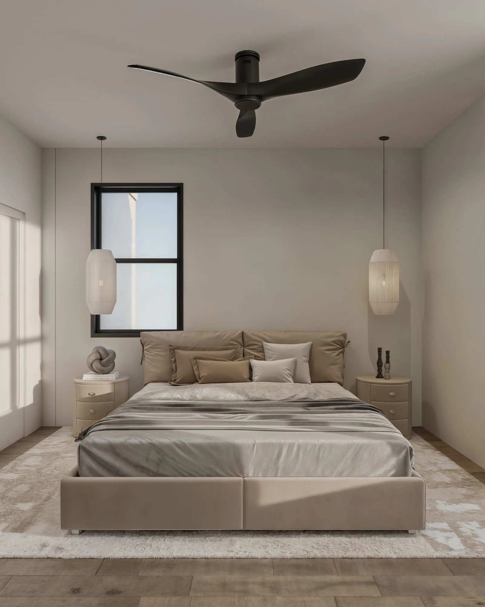 Zahara primary bedroom rendering — second floor, with ceiling fan and pendant lighting